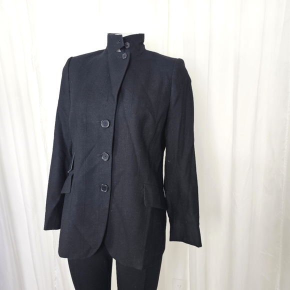 Akris Punto black wool military jacket blazer leather trim mono pinstripe 8 - Picture 1 of 12